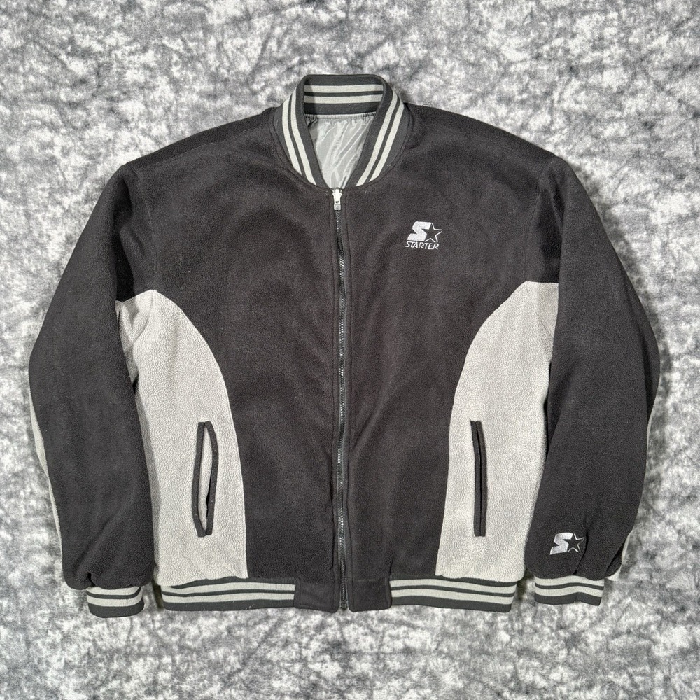 Vintage Starter Bomber Jacket Reversible Black Gray Mens Large Full Zip 90s